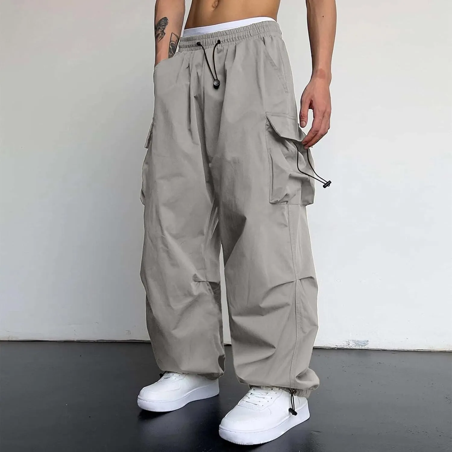 Men's Baggy Cargo Pants Trendy Casual Parachute Pants Cotton Stretch Loose Fit Harem Joggers with Pockets