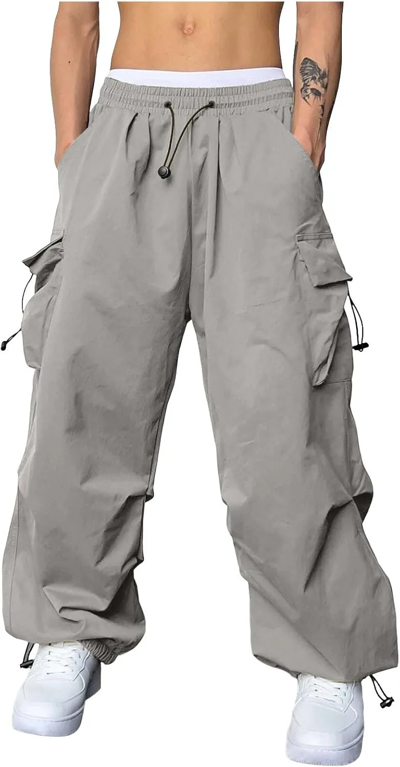 Men's Baggy Cargo Pants Trendy Casual Parachute Pants Cotton Stretch Loose Fit Harem Joggers with Pockets