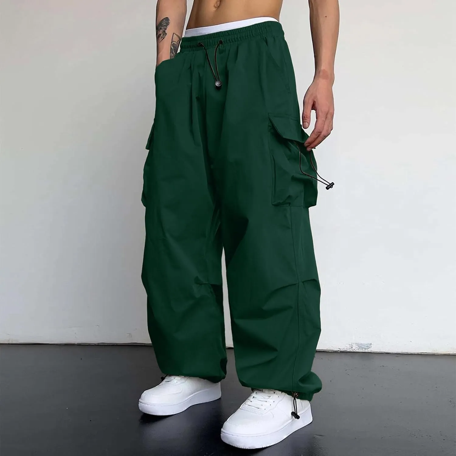Men's Baggy Cargo Pants Trendy Casual Parachute Pants Cotton Stretch Loose Fit Harem Joggers with Pockets