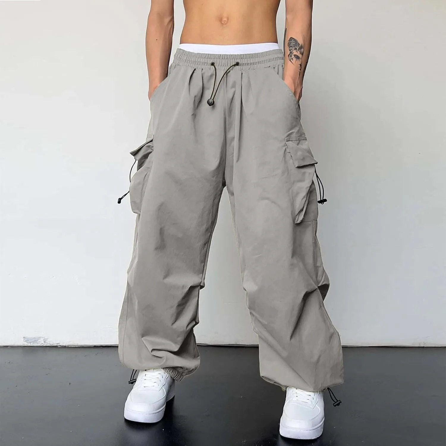 Men's Baggy Cargo Pants Trendy Casual Parachute Pants Cotton Stretch Loose Fit Harem Joggers with Pockets
