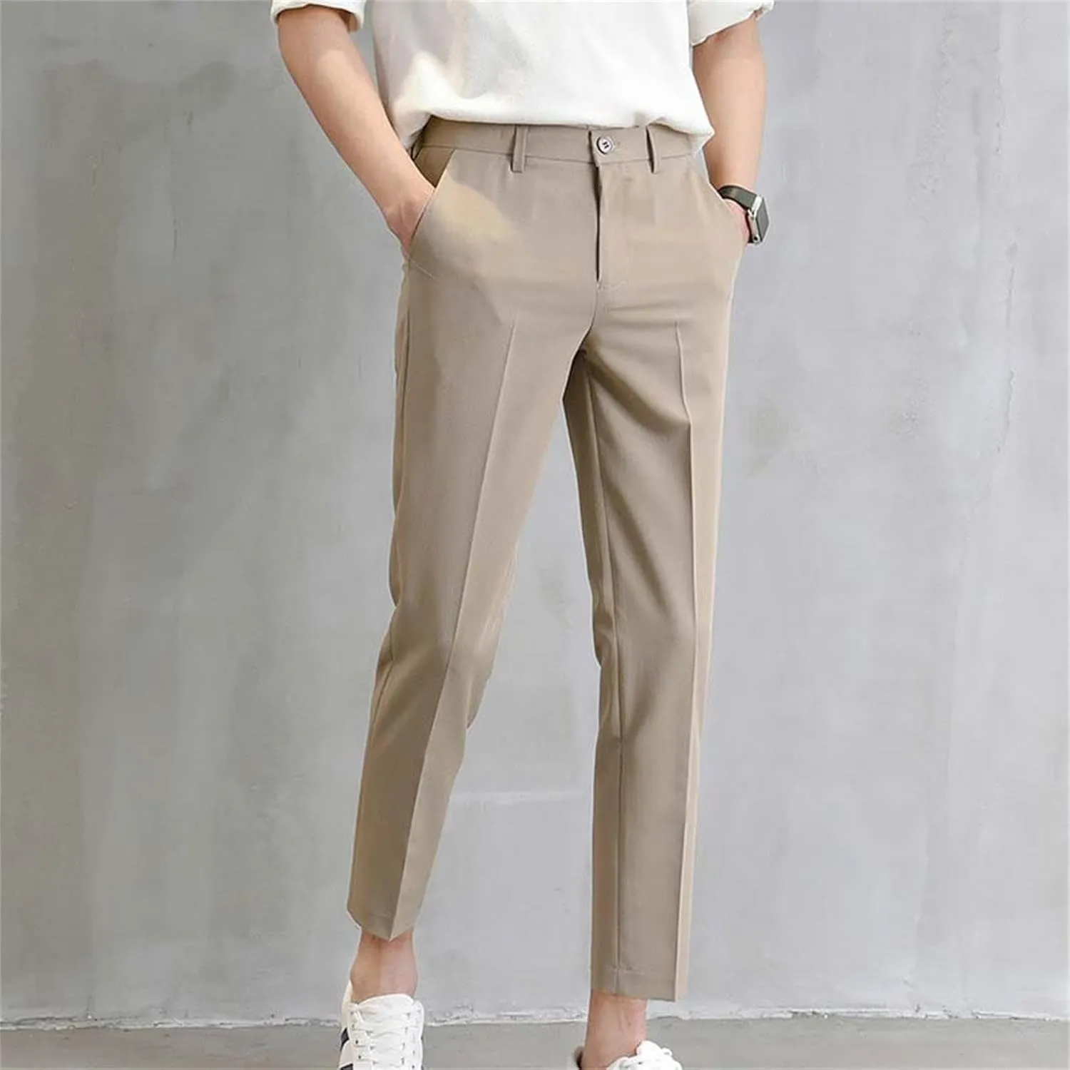 Men's Casual Chino Pants Classic Expandable Waist Formal Work Suit Pants Business Slim Fit Skinny Dress Pants