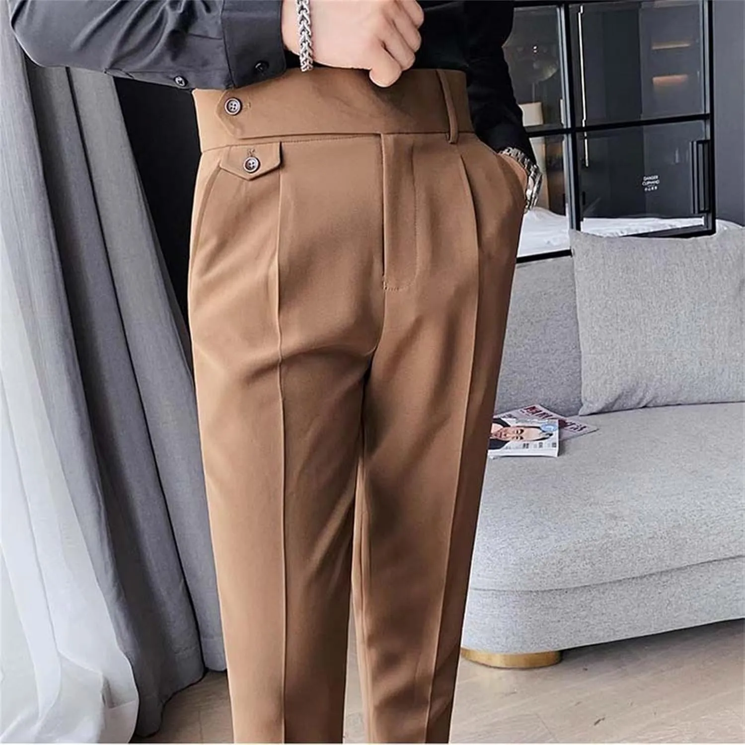 Men's Casual Chino Pants Solid Slim Fit Stretch Work Suit Pants Comfy Lightweight Slacks Dress Trousers