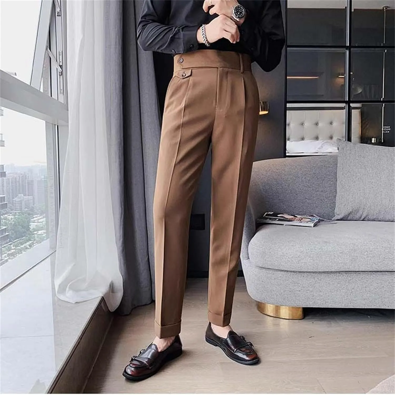Men's Casual Chino Pants Solid Slim Fit Stretch Work Suit Pants Comfy Lightweight Slacks Dress Trousers