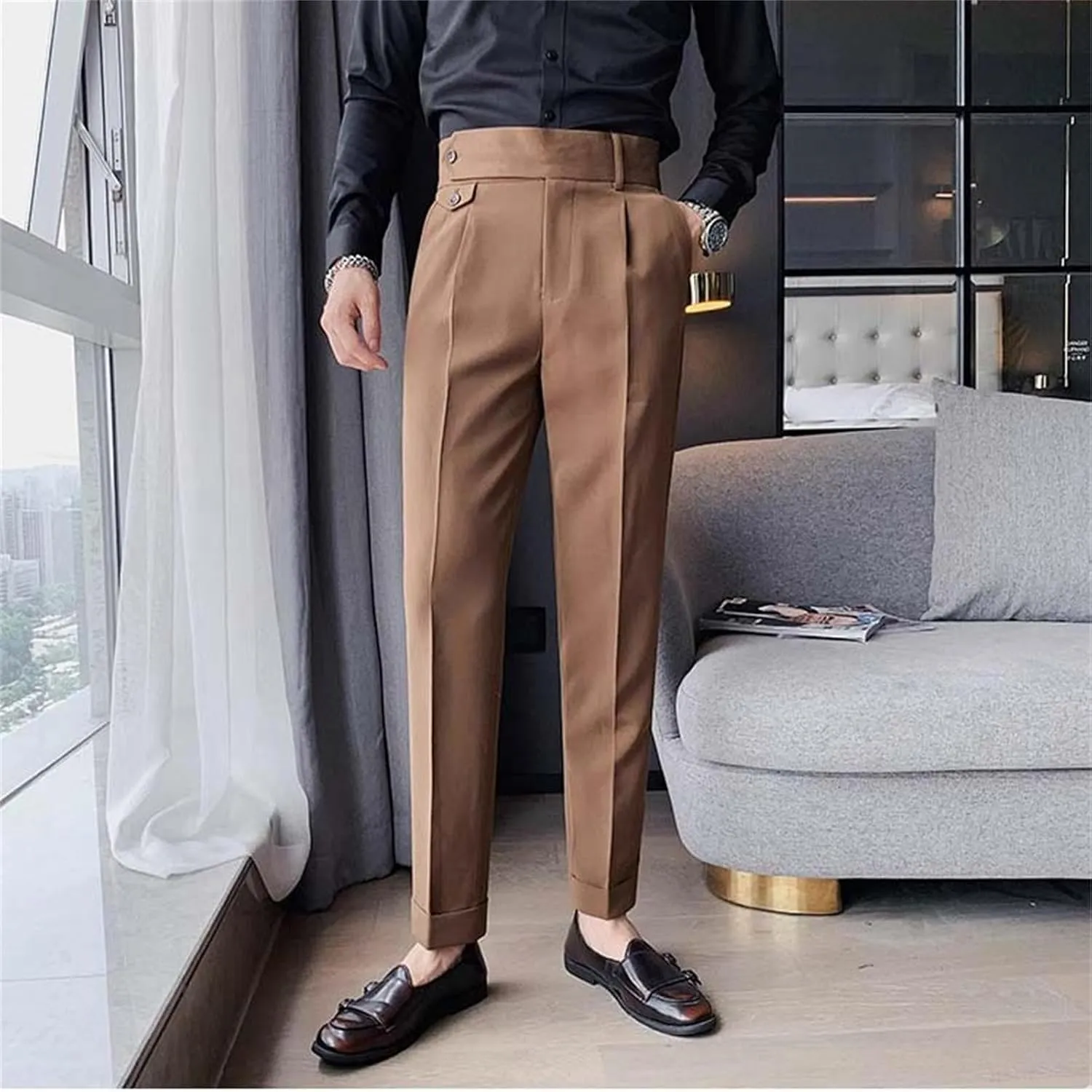 Men's Casual Chino Pants Solid Slim Fit Stretch Work Suit Pants Comfy Lightweight Slacks Dress Trousers