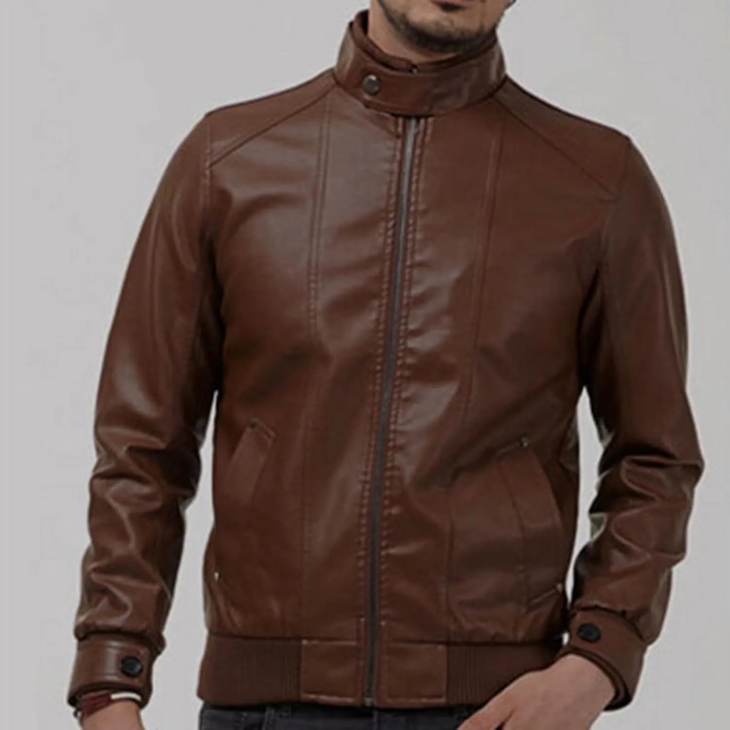 Men's Casual Stand Collar Biker Coat Long Sleeve Motorcycle Leather Jacket Fall Winter Sport Bomber Outwear
