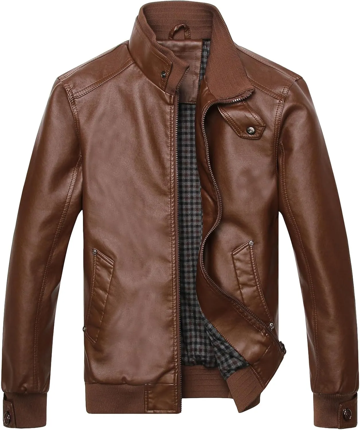 Men's Casual Stand Collar Biker Coat Long Sleeve Motorcycle Leather Jacket Fall Winter Sport Bomber Outwear