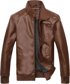Men's Casual Stand Collar Biker Coat Long Sleeve Motorcycle Leather Jacket Fall Winter Sport Bomber Outwear