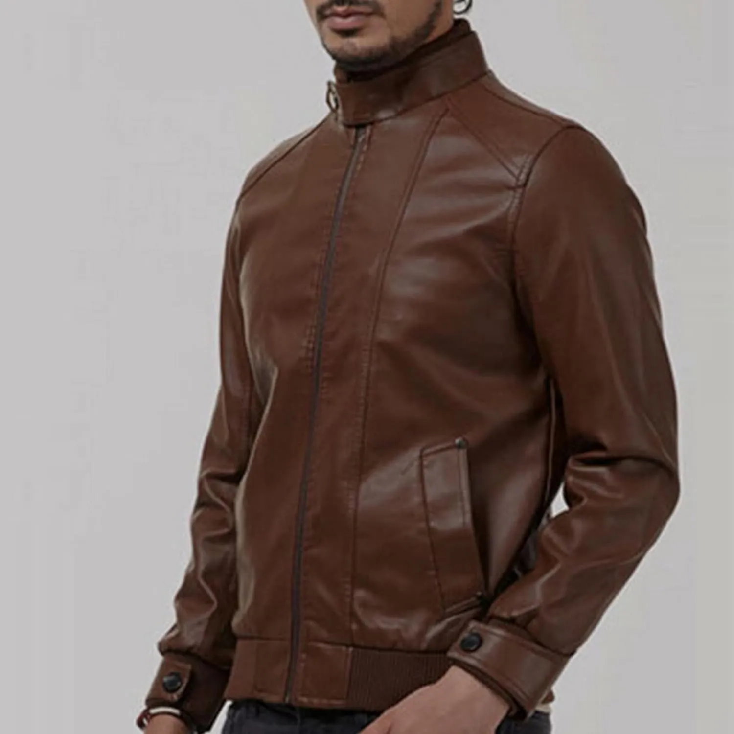 Men's Casual Stand Collar Biker Coat Long Sleeve Motorcycle Leather Jacket Fall Winter Sport Bomber Outwear