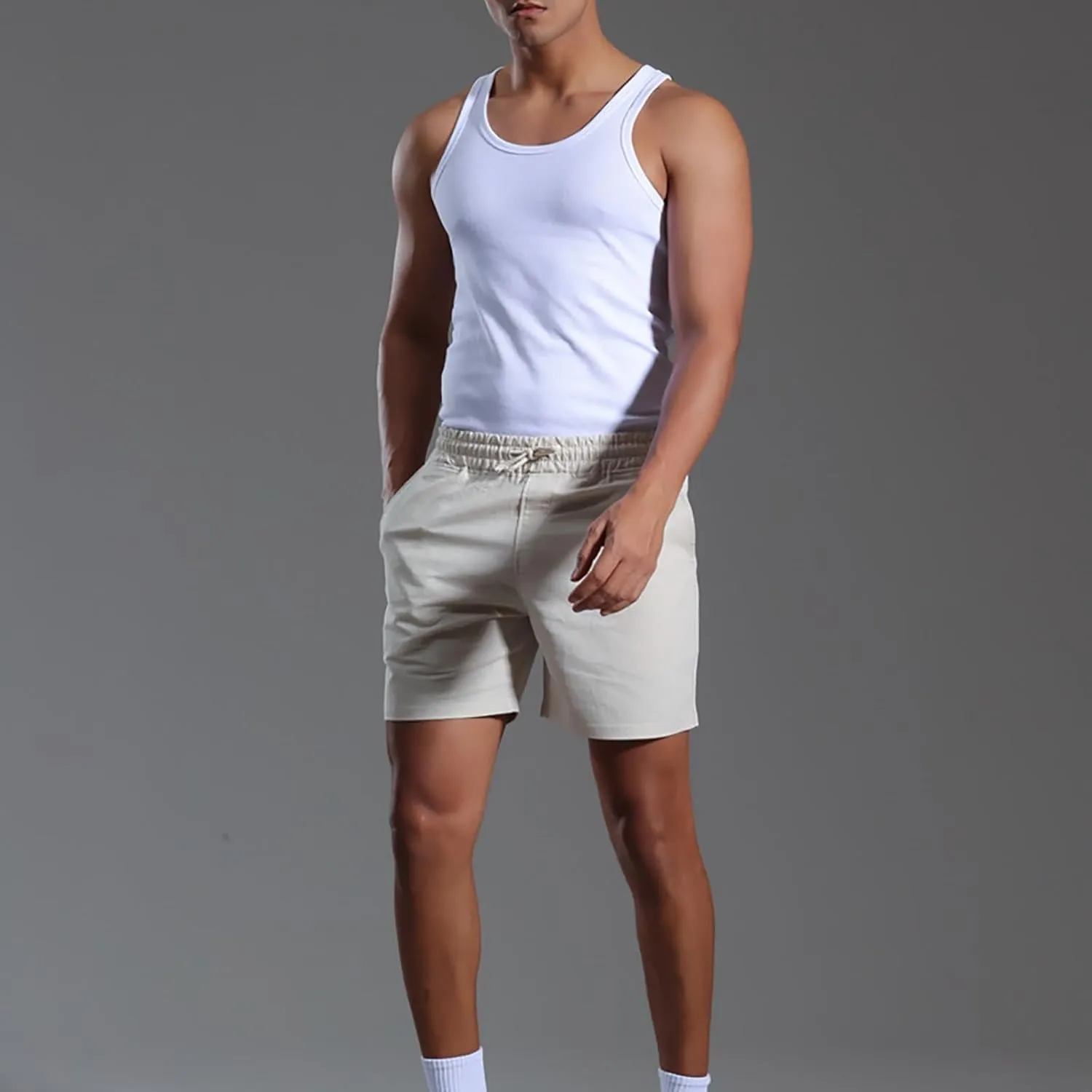 Mens Cotton Linen Classic 7 Inch Shorts with Pockets Elastic Waist Drawstring Athletic Fit Lightweight Running Short for Men