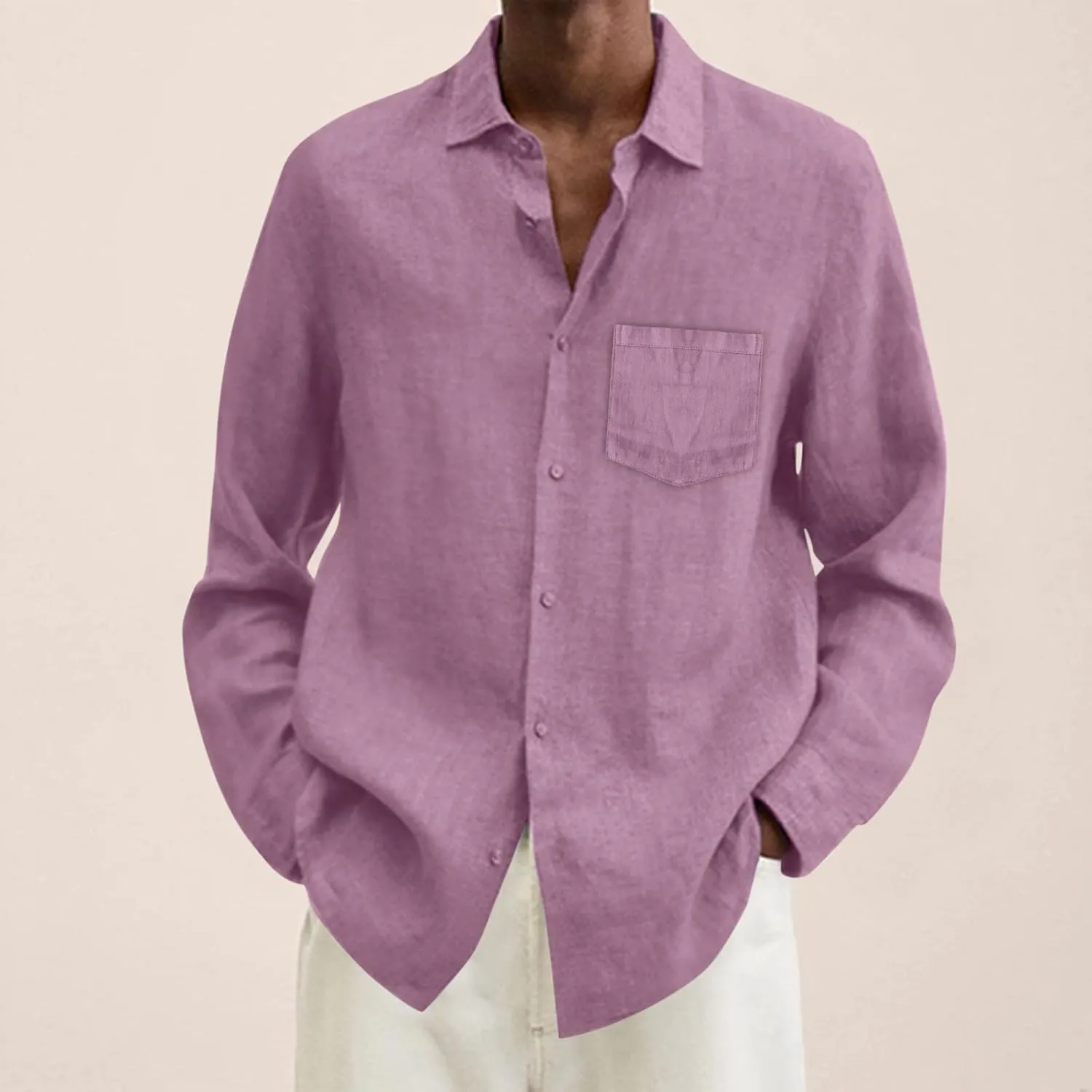 Mens Cotton Linen Long Sleeve Shirts Casual Lightweight Button Down T-shirts Summer Vacation Beach Tops Cuban Shirt