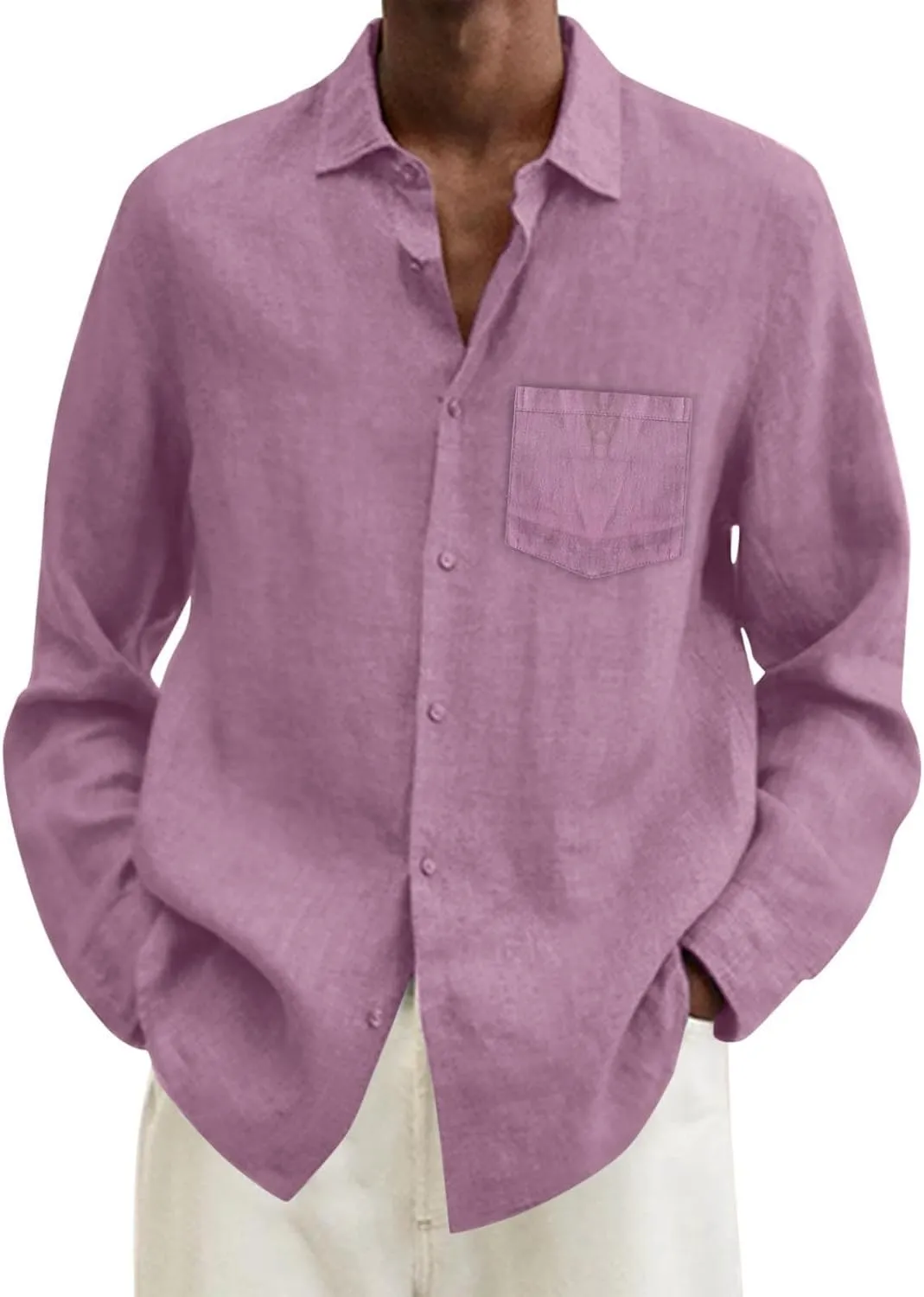 Mens Cotton Linen Long Sleeve Shirts Casual Lightweight Button Down T-shirts Summer Vacation Beach Tops Cuban Shirt