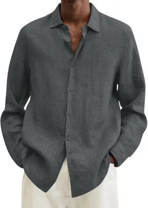 Mens Cotton Linen Long Sleeve Shirts Casual Lightweight Button Down T-shirts Summer Vacation Beach Tops Cuban Shirt