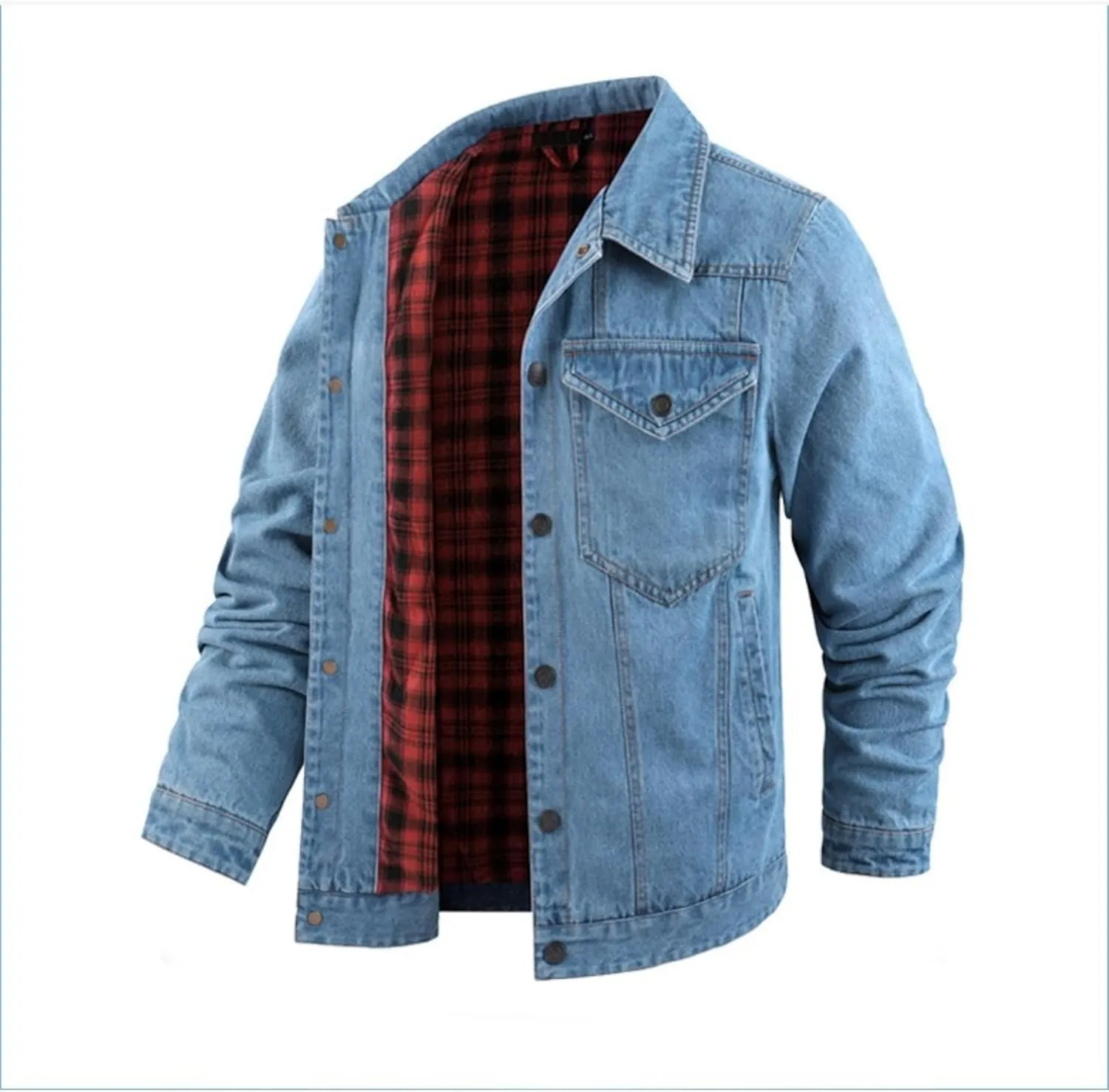Men's Cowboy Flannel Lined Coat Rugged Wear Vintage Denim Jacket Plaid Button Casual Trucker Coat