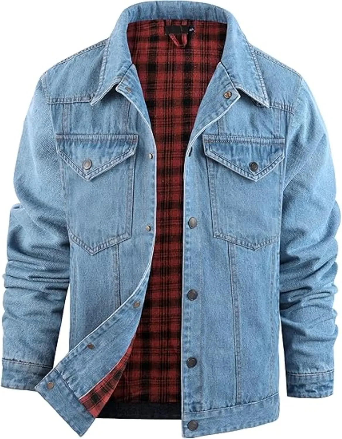 Men's Cowboy Flannel Lined Coat Rugged Wear Vintage Denim Jacket Plaid Button Casual Trucker Coat