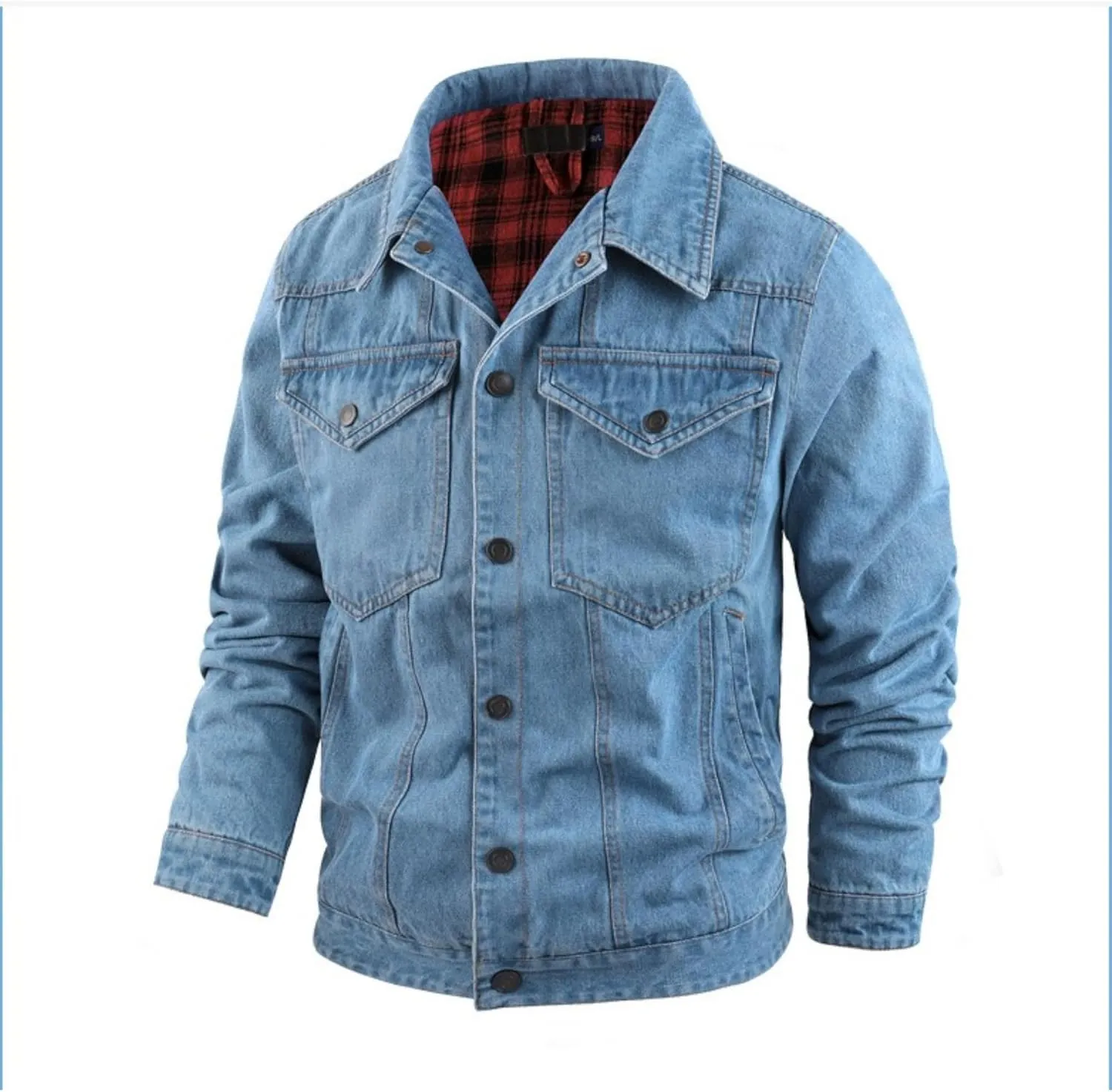 Men's Cowboy Flannel Lined Coat Rugged Wear Vintage Denim Jacket Plaid Button Casual Trucker Coat