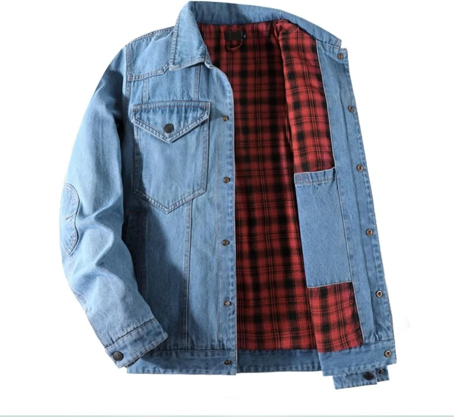 Men's Cowboy Flannel Lined Coat Rugged Wear Vintage Denim Jacket Plaid Button Casual Trucker Coat