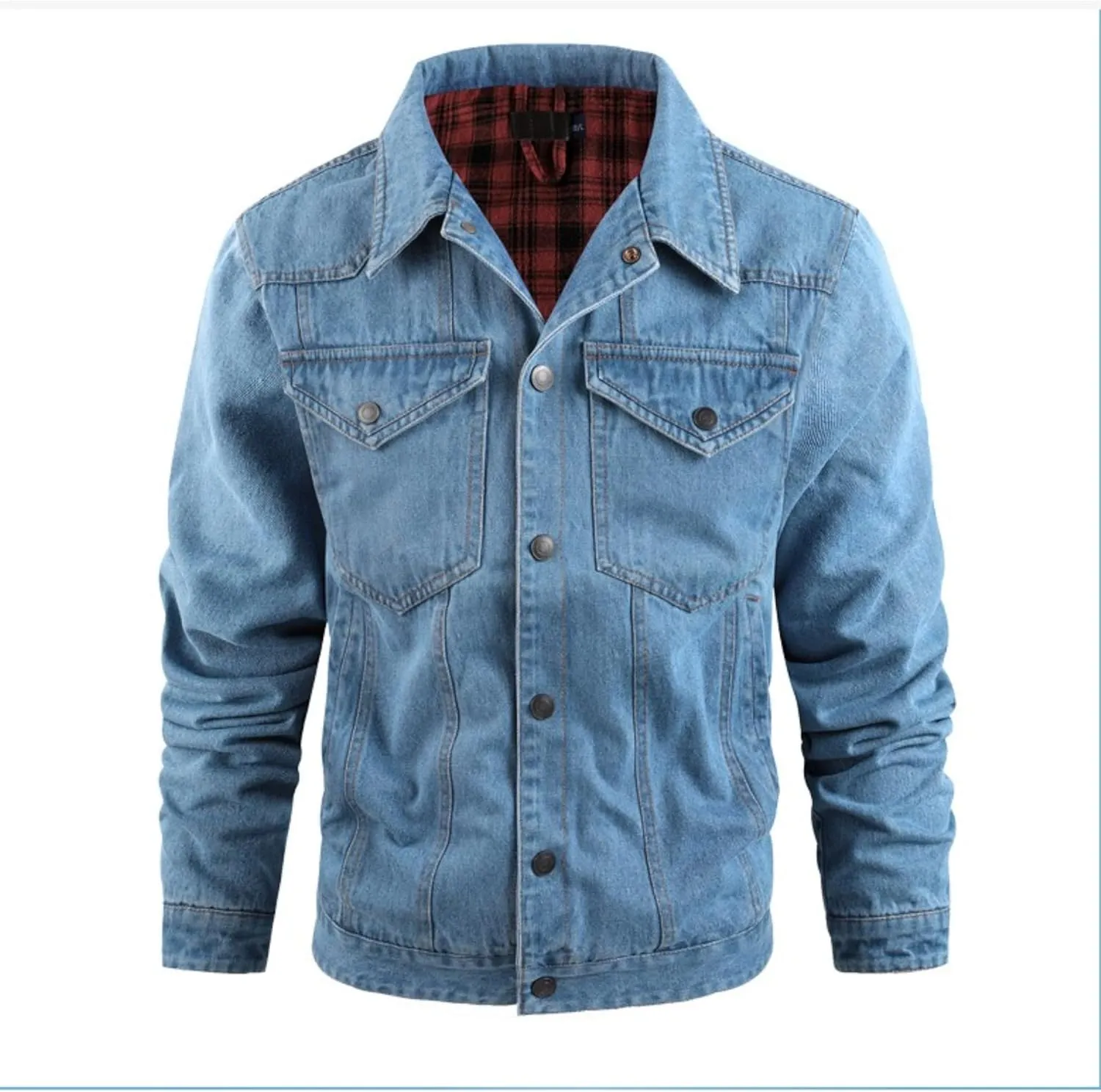 Men's Cowboy Flannel Lined Coat Rugged Wear Vintage Denim Jacket Plaid Button Casual Trucker Coat