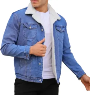 Mens Denim Jacket with Sherpa Lining, Classic Jean shearling jacket, trucker denim jacket sherpa lined