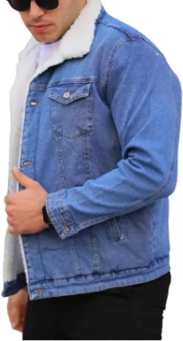 Mens Denim Jacket with Sherpa Lining, Classic Jean shearling jacket, trucker denim jacket sherpa lined
