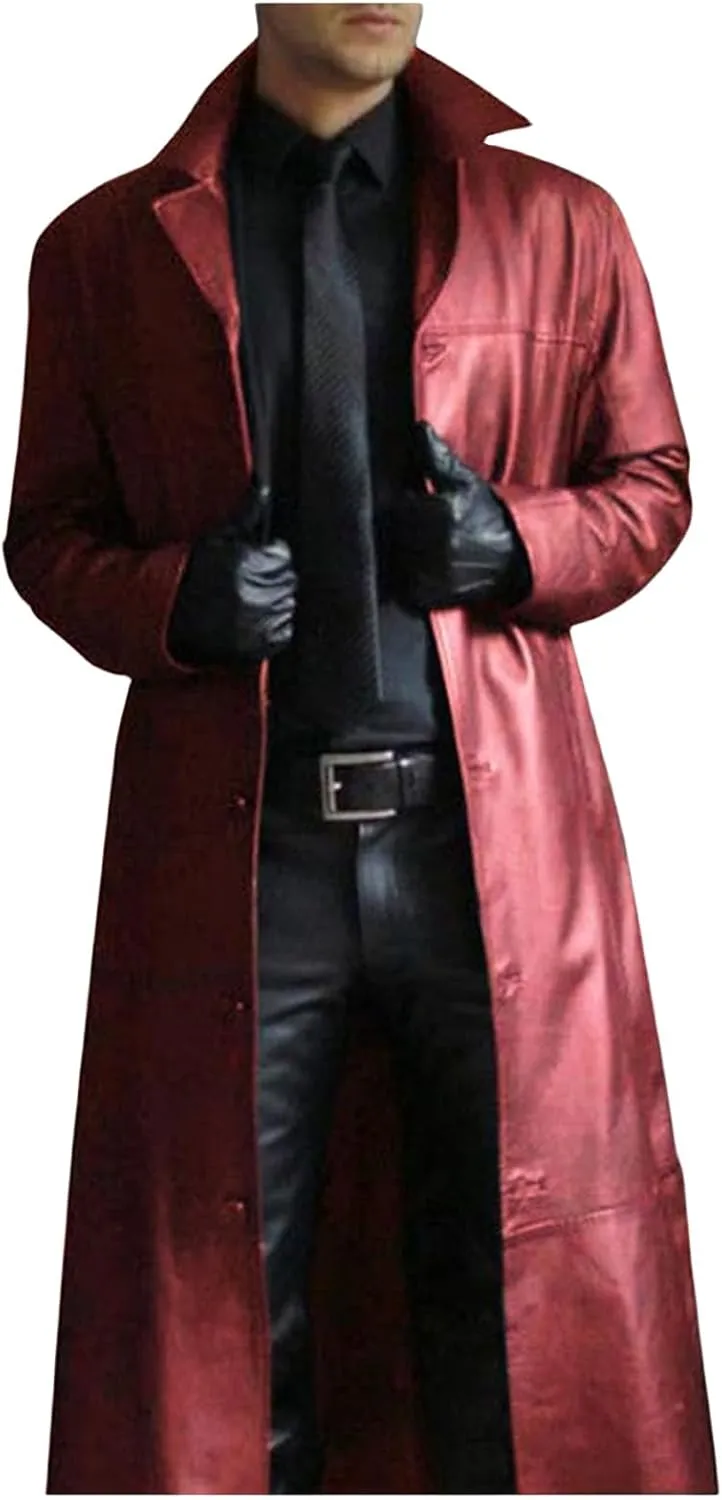 Mens Faux Leather Trench Coat WW2 Military Officer Uniform Overcoat Classic Retro Steampunk Jacket for Outdoor