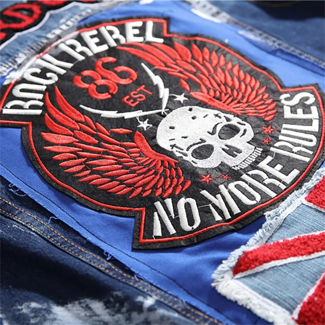 Men's Flag Letters Patch Design Painted Denim Jacket Slim Fit Skull Badge Patchwork Long Sleeve Jean Coat