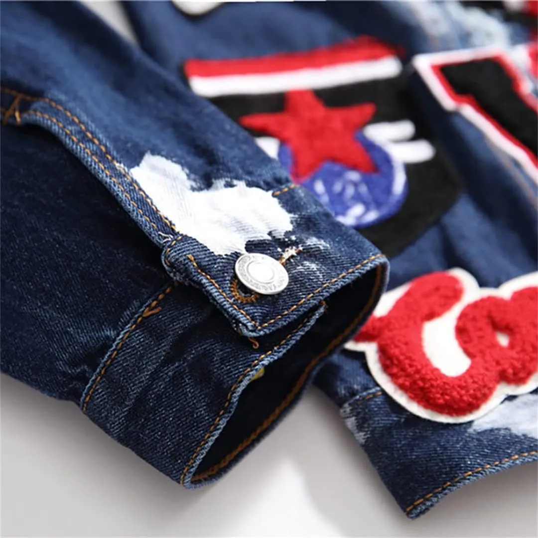 Men's Flag Letters Patch Design Painted Denim Jacket Slim Fit Skull Badge Patchwork Long Sleeve Jean Coat