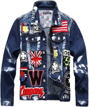 Men's Flag Letters Patch Design Painted Denim Jacket Slim Fit Skull Badge Patchwork Long Sleeve Jean Coat