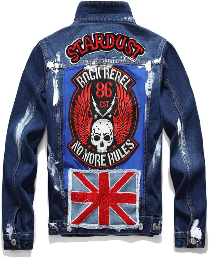 Men's Flag Letters Patch Design Painted Denim Jacket Slim Fit Skull Badge Patchwork Long Sleeve Jean Coat