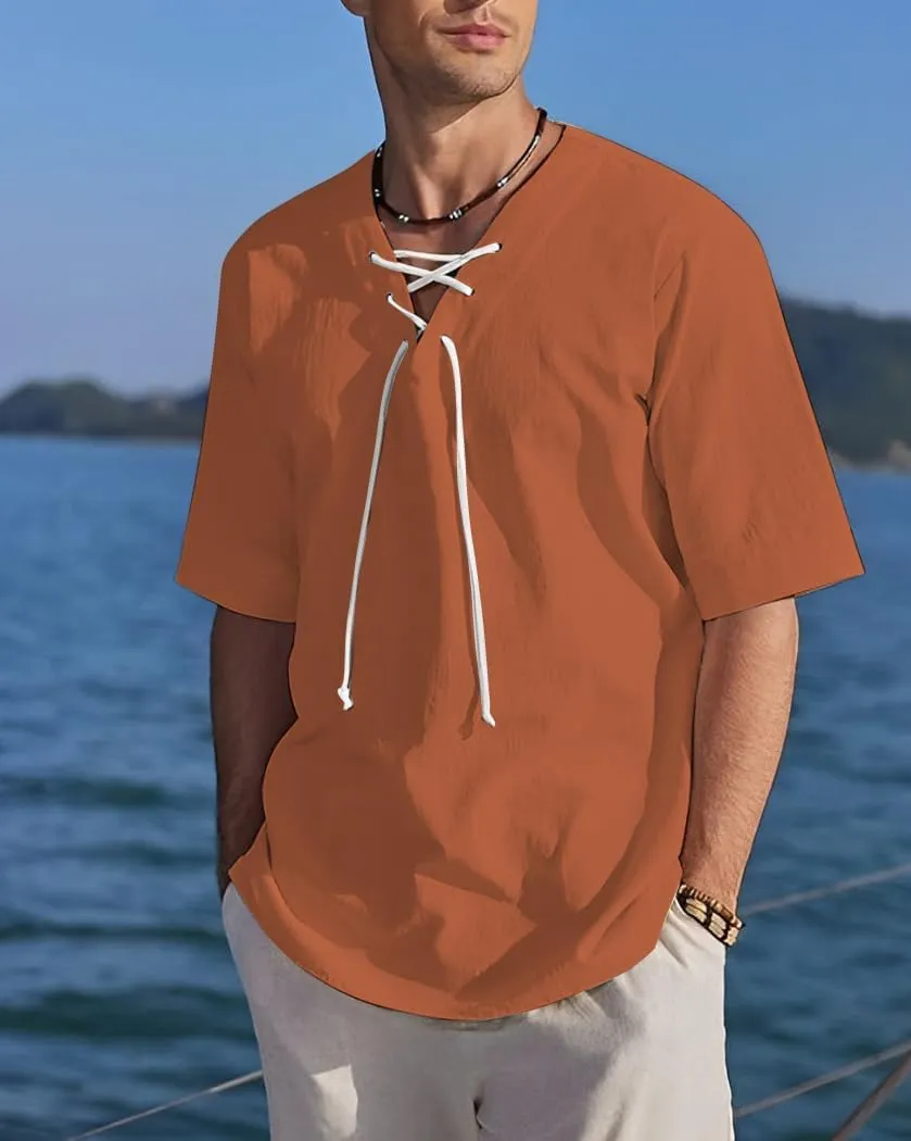 Men's Henley Shirts V-Neck Lace-Up Medieval Beach Resorts Retro Shirt