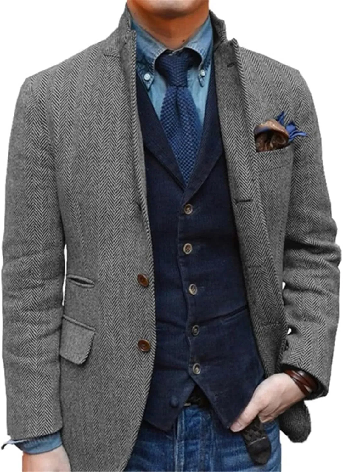 Mens Herringbone Tweed Suit Blazer Business Leisure Jacket Tuxedo Prom Groom Casual Coat