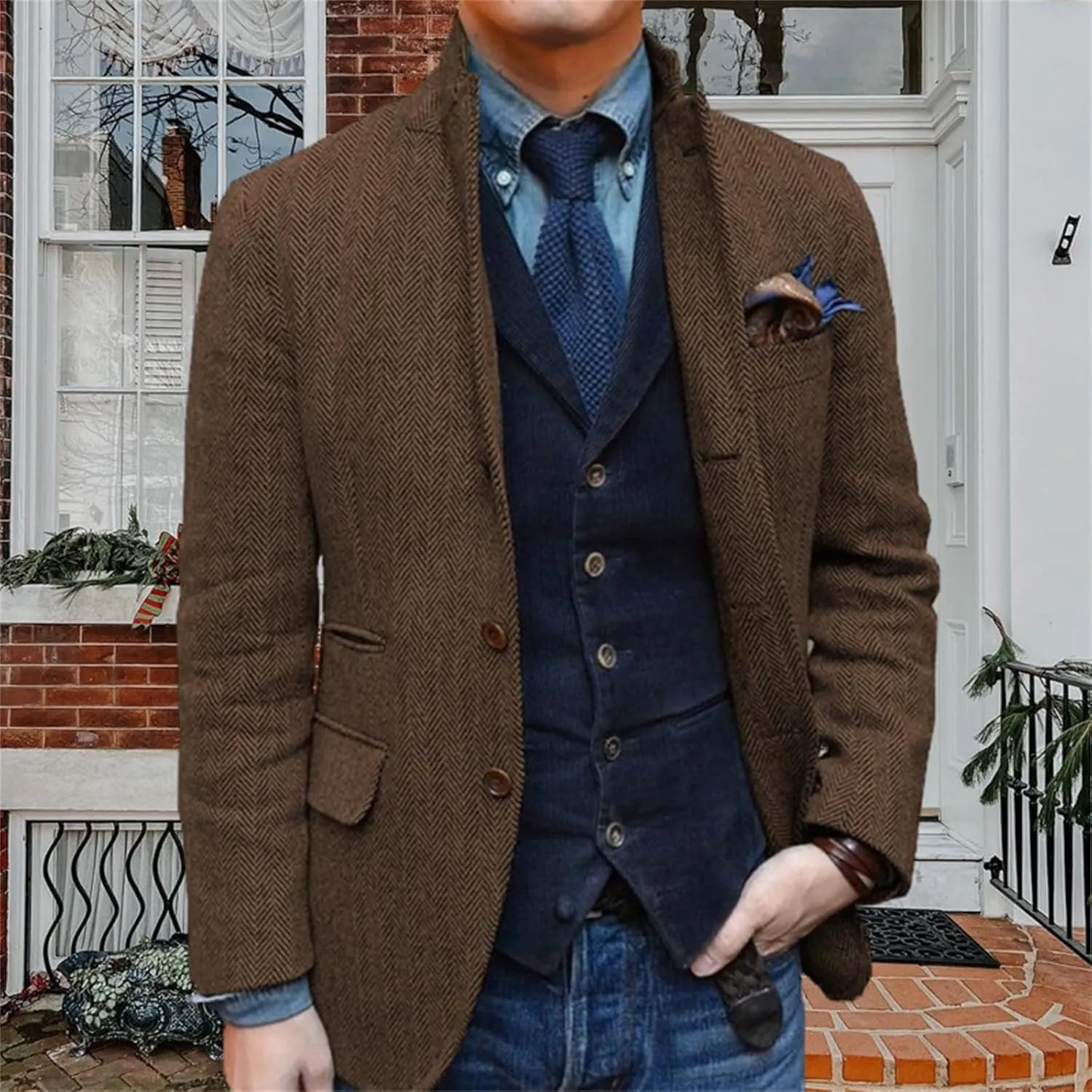 Mens Herringbone Tweed Suit Blazer Business Leisure Jacket Tuxedo Prom Groom Casual Coat