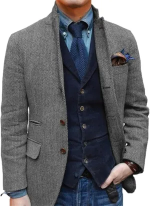 Mens Herringbone Tweed Suit Blazer Business Leisure Jacket Tuxedo Prom Groom Casual Coat