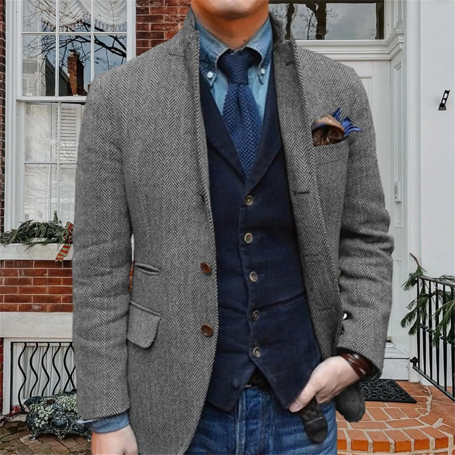 Mens Herringbone Tweed Suit Blazer Business Leisure Jacket Tuxedo Prom Groom Casual Coat