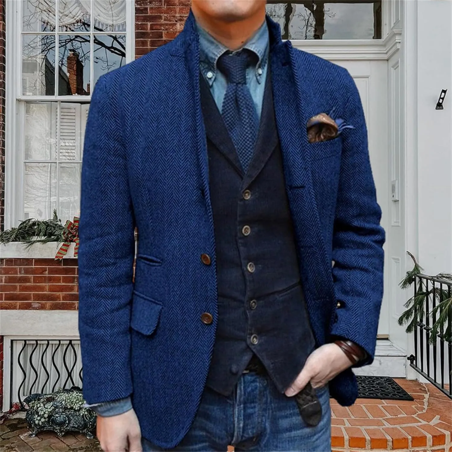 Mens Herringbone Tweed Suit Blazer Business Leisure Jacket Tuxedo Prom Groom Casual Coat
