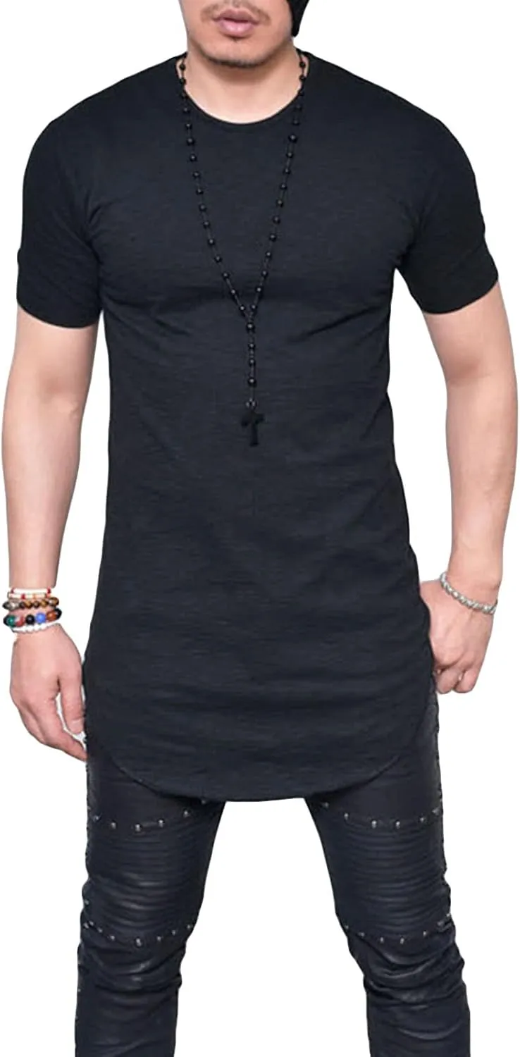 Men's Hipster Curved Longline Drop Tail Tee Top Long Hip Hop Shirts Gym Workout Slim Fit Short Sleeve
