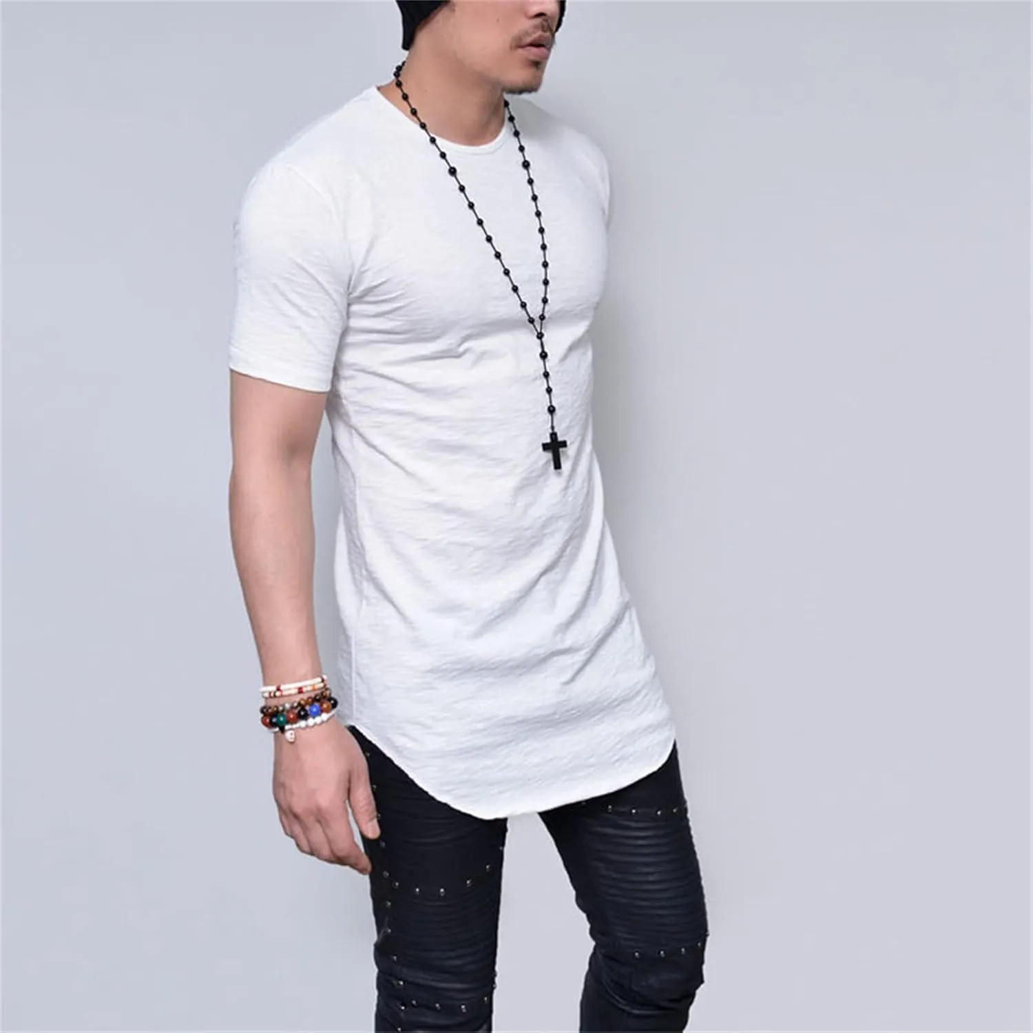 Men's Hipster Curved Longline Drop Tail Tee Top Long Hip Hop Shirts Gym Workout Slim Fit Short Sleeve