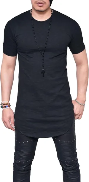 Men's Hipster Curved Longline Drop Tail Tee Top Long Hip Hop Shirts Gym Workout Slim Fit Short Sleeve