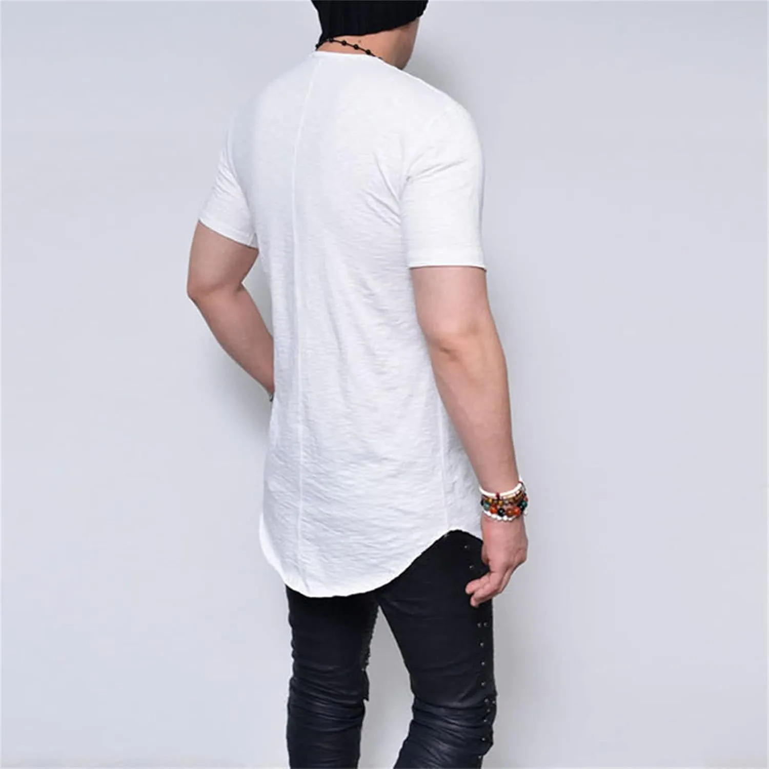 Men's Hipster Curved Longline Drop Tail Tee Top Long Hip Hop Shirts Gym Workout Slim Fit Short Sleeve