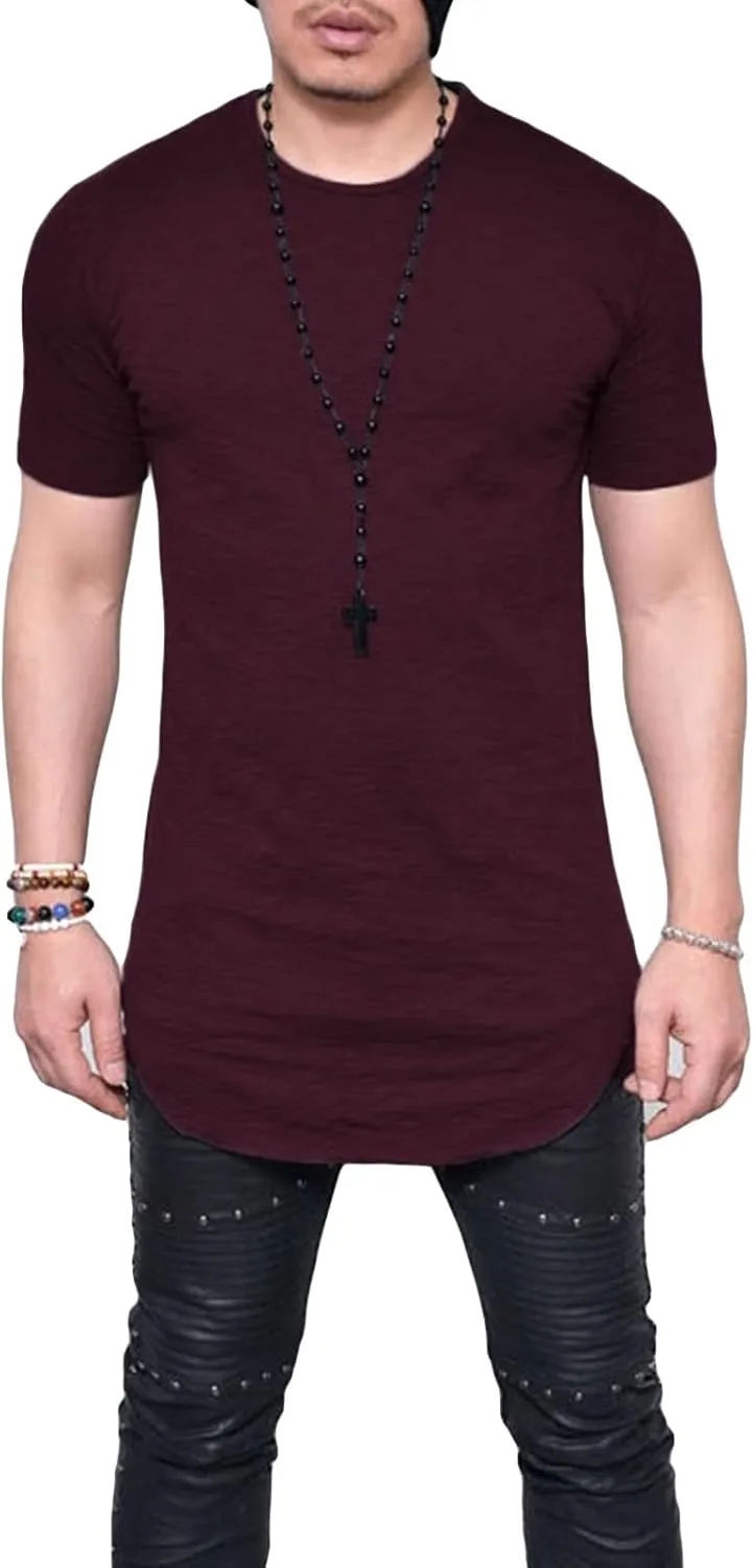 Men's Hipster Curved Longline Drop Tail Tee Top Long Hip Hop Shirts Gym Workout Slim Fit Short Sleeve