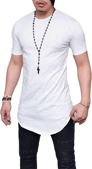 Men's Hipster Curved Longline Drop Tail Tee Top Long Hip Hop Shirts Gym Workout Slim Fit Short Sleeve