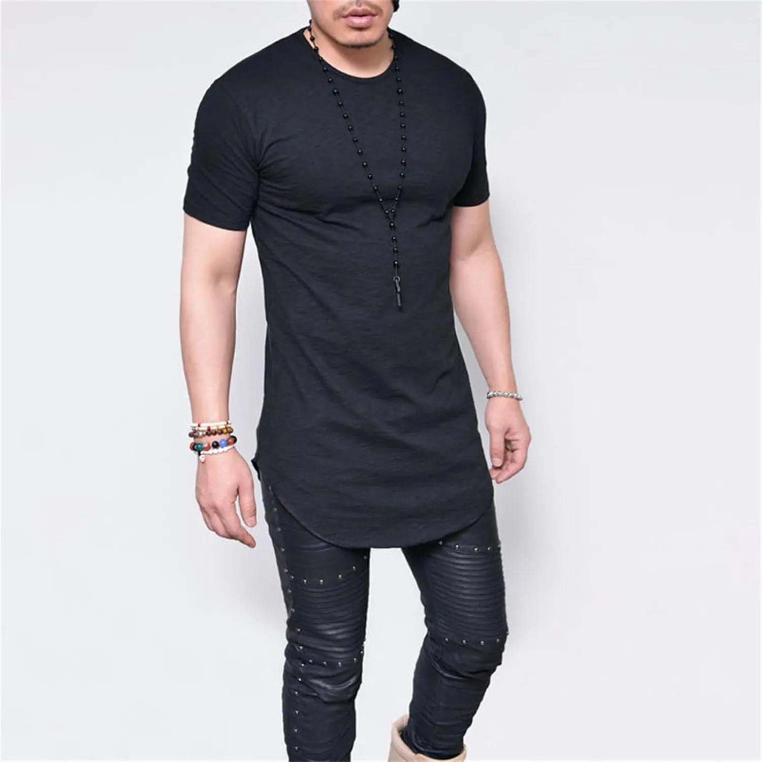 Men's Hipster Curved Longline Drop Tail Tee Top Long Hip Hop Shirts Gym Workout Slim Fit Short Sleeve