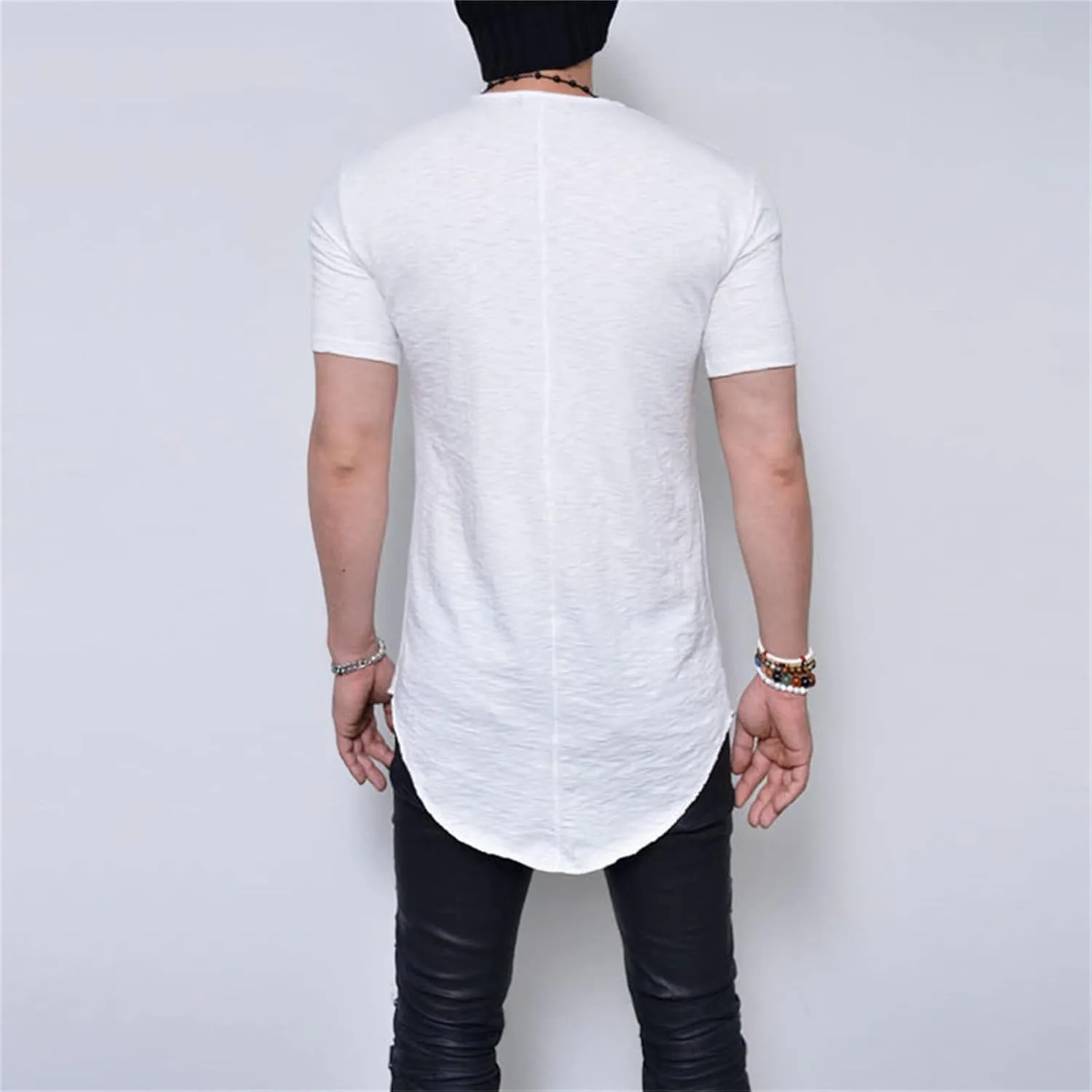 Men's Hipster Curved Longline Drop Tail Tee Top Long Hip Hop Shirts Gym Workout Slim Fit Short Sleeve