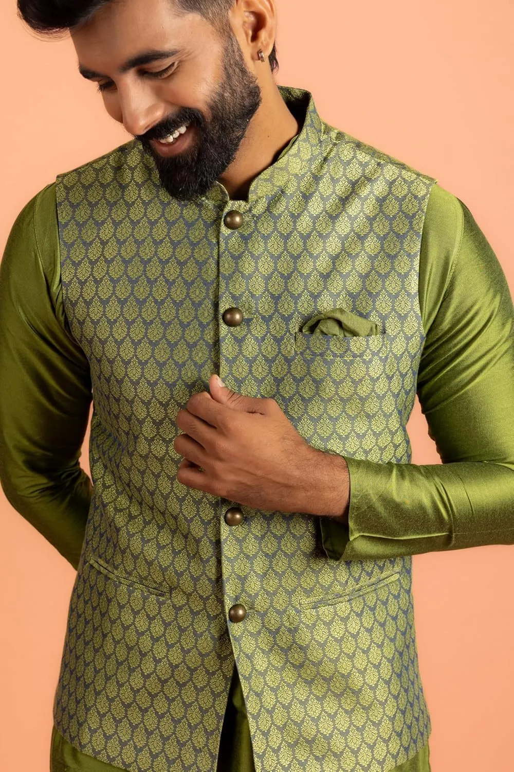 Men's Jacquard Silk/Cotton Blend Nehru Jacket- Traditional Indian Waistcoat for Weddings & Royal Parties