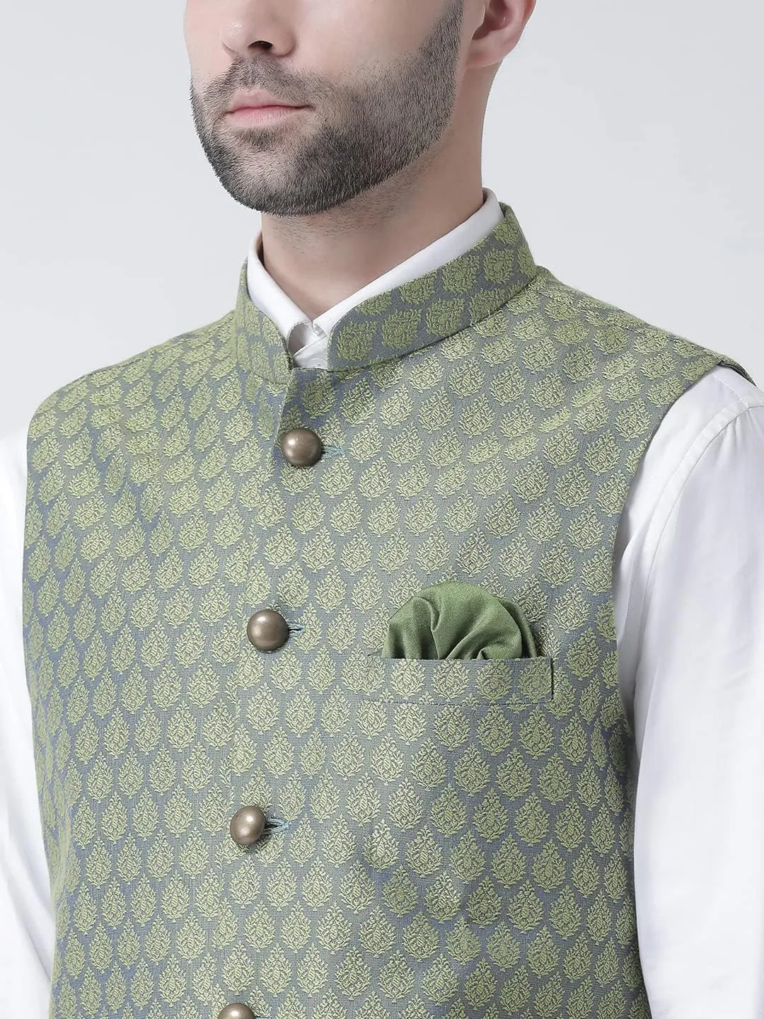 Men's Jacquard Silk/Cotton Blend Nehru Jacket- Traditional Indian Waistcoat for Weddings & Royal Parties