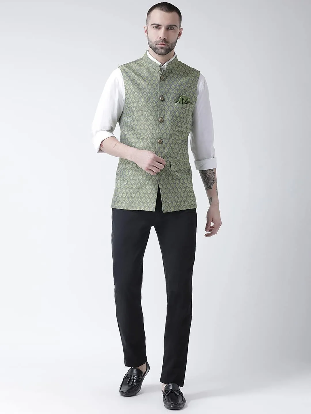 Men's Jacquard Silk/Cotton Blend Nehru Jacket- Traditional Indian Waistcoat for Weddings & Royal Parties