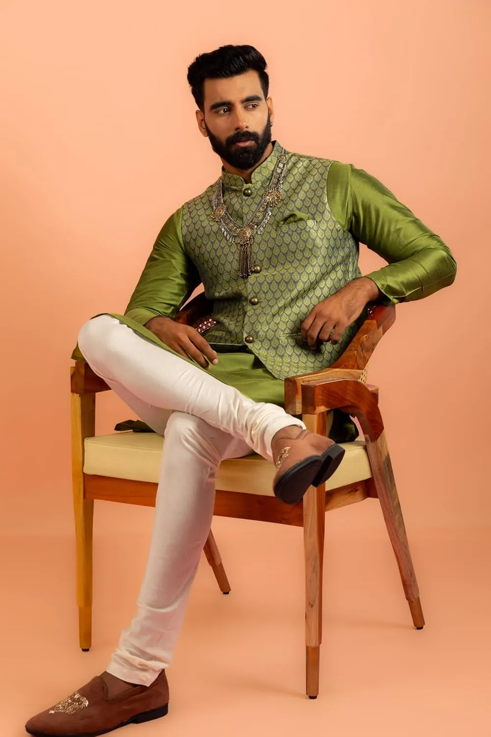 Men's Jacquard Silk/Cotton Blend Nehru Jacket- Traditional Indian Waistcoat for Weddings & Royal Parties