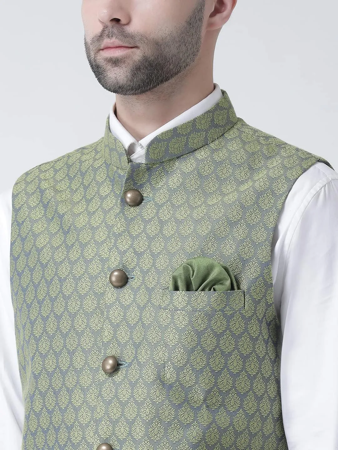 Men's Jacquard Silk/Cotton Blend Nehru Jacket- Traditional Indian Waistcoat for Weddings & Royal Parties