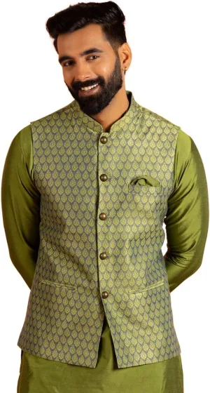 Men's Jacquard Silk/Cotton Blend Nehru Jacket- Traditional Indian Waistcoat for Weddings & Royal Parties