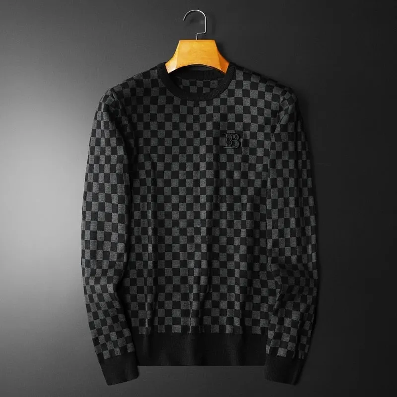 Men's Long Sleeve Lattice Contrast Color Pullover Sweater
