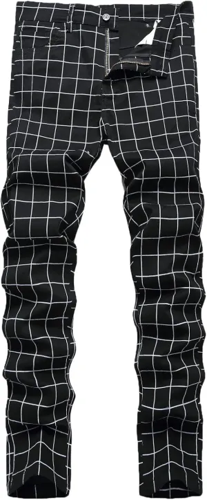 Men's Slim Fit Stretch Plaid Dress Pants Regular Fit Casual Flat-Front Skinny Pencil Pants Business Fashion Chinos Trousers